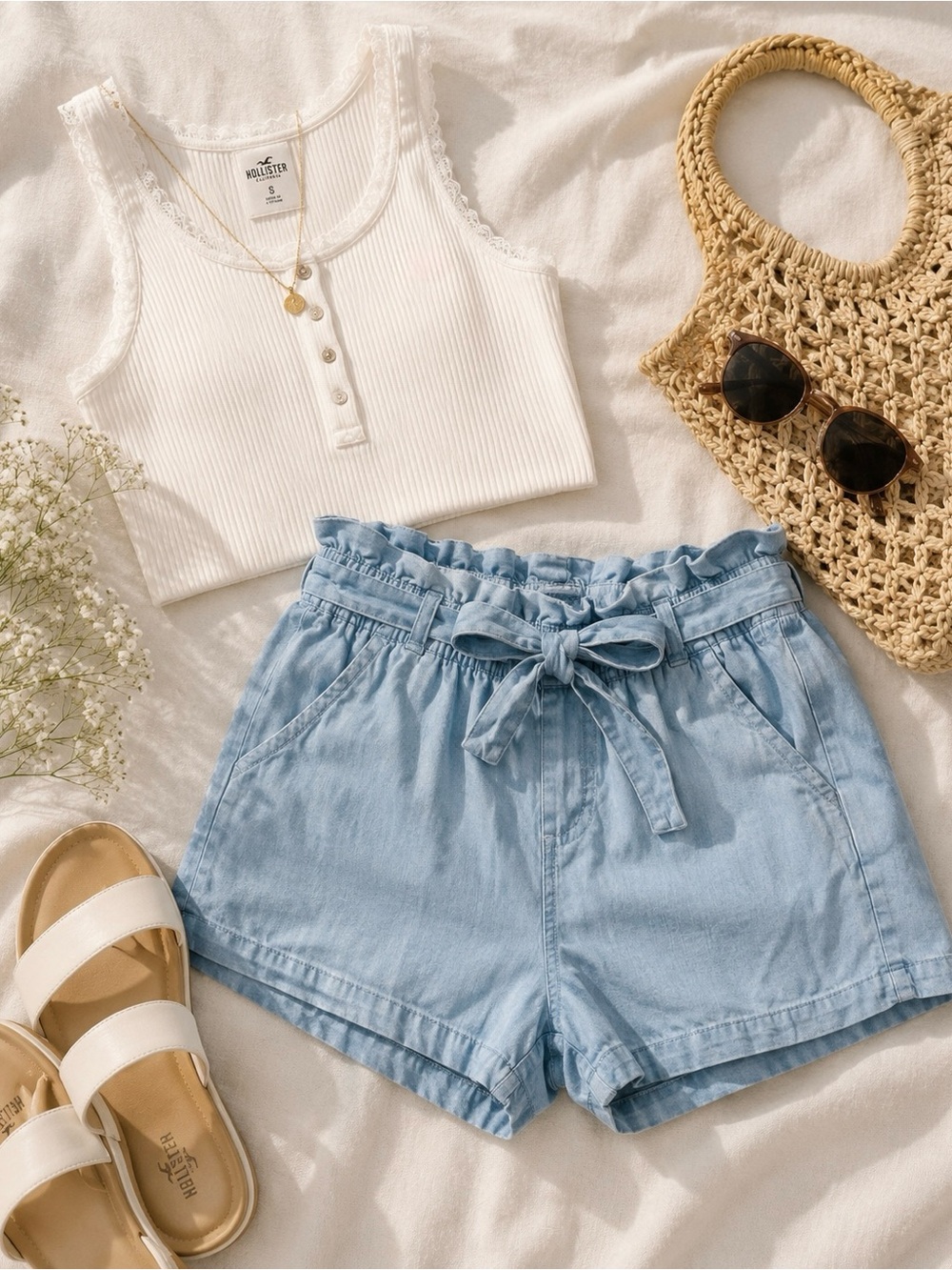 Thread & Supply Light Blue Paperbag Waist Denim Shorts with Tie
